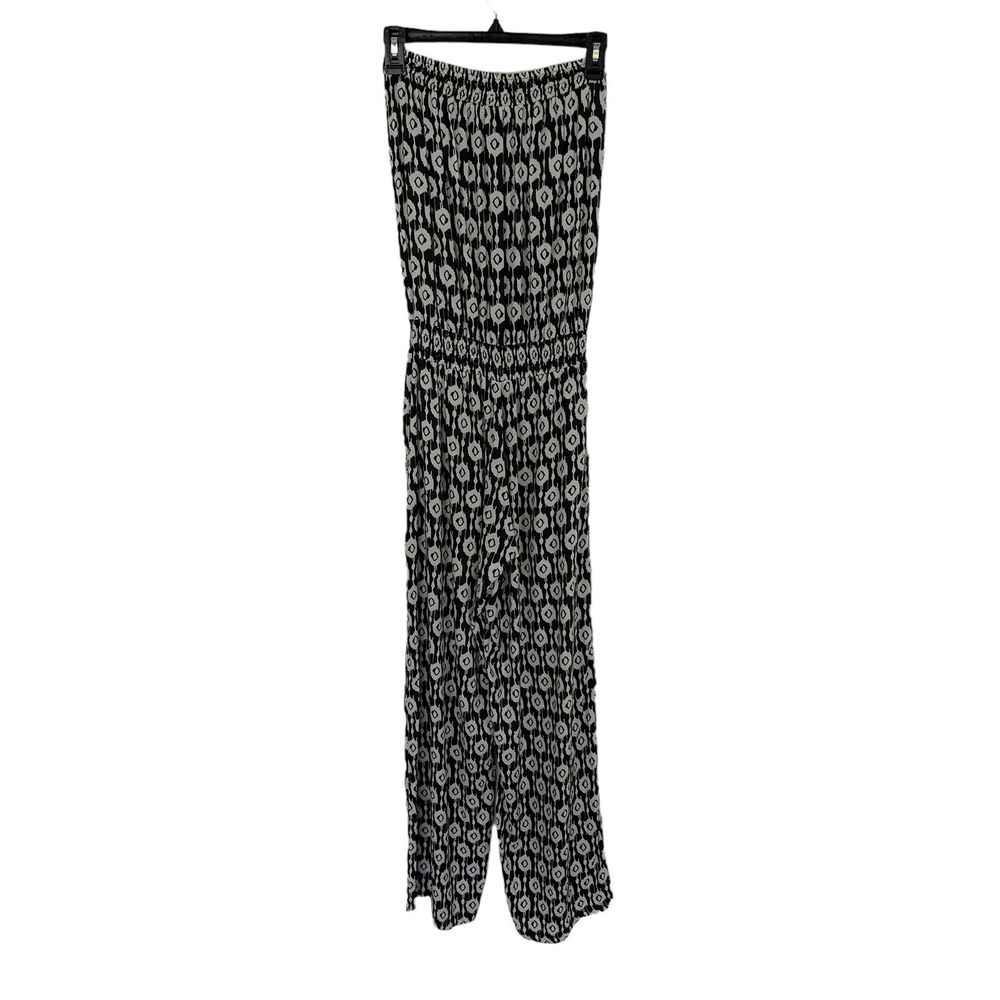 Skemo Gray White Ikat Strapless Jumpsuit Shell Trim Boho Stretch Waist Large - Picture 5 of 7